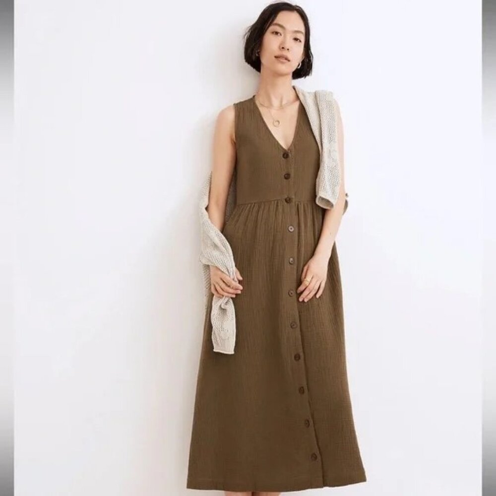Madewell Lightspun Button-Front Tank Midi Dress, 1X, Kale, Excellent Condition